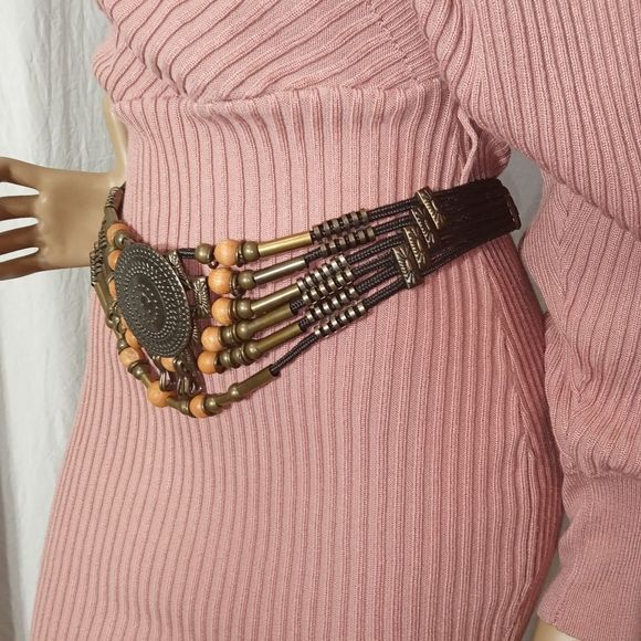 Vintage bohemian decorative belt with metal and wooden beads. Boho accessories. main image 4